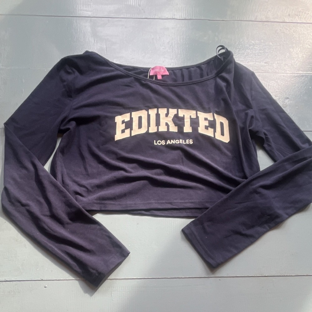 Edikted Los Angeles Navy Knit Cropped Pullover Long Sleeve Wide Neck T-Shirt M
